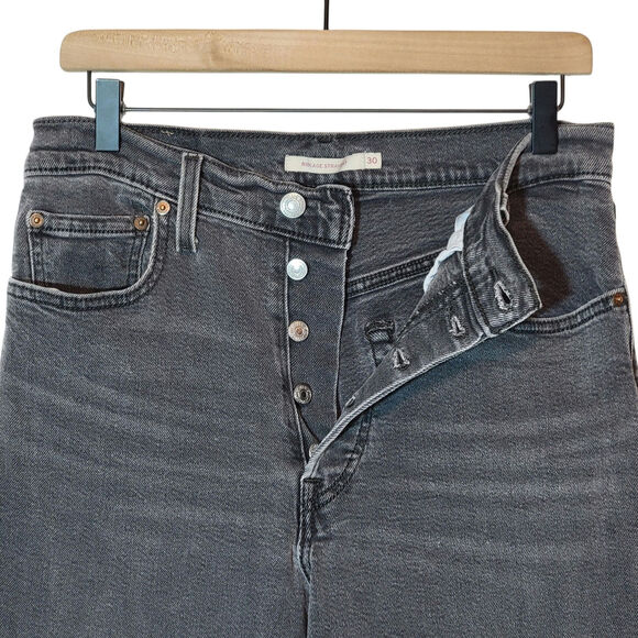 Levi's Ribcage Straight Leg Cropped Denim Jean Button Fly Ankle Gray Black 30 - Picture 4 of 16